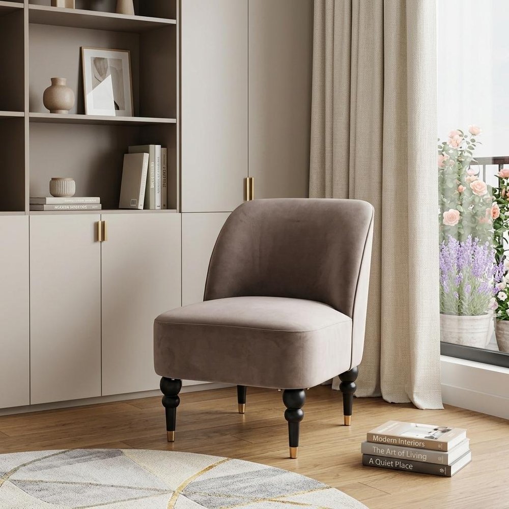 22" Taupe And Black And Gold Velvet And Upholstered Side Chair HomeRoots
