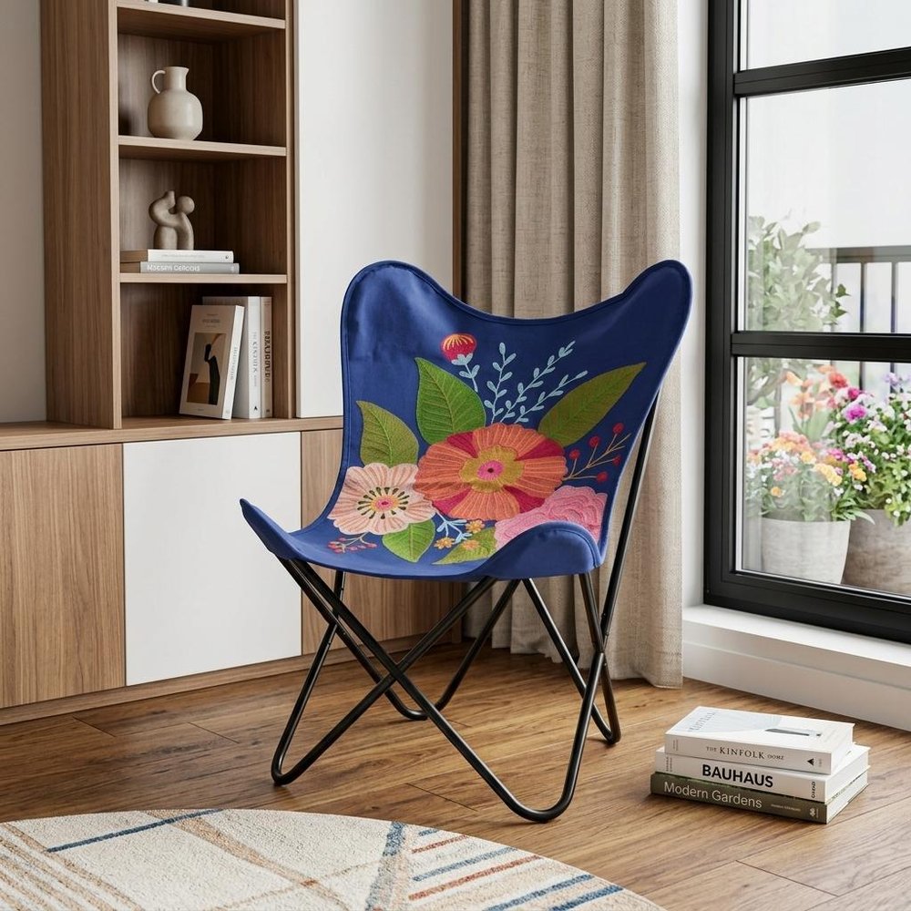 26" Blue And Black Tropical Butterfly Chair HomeRoots