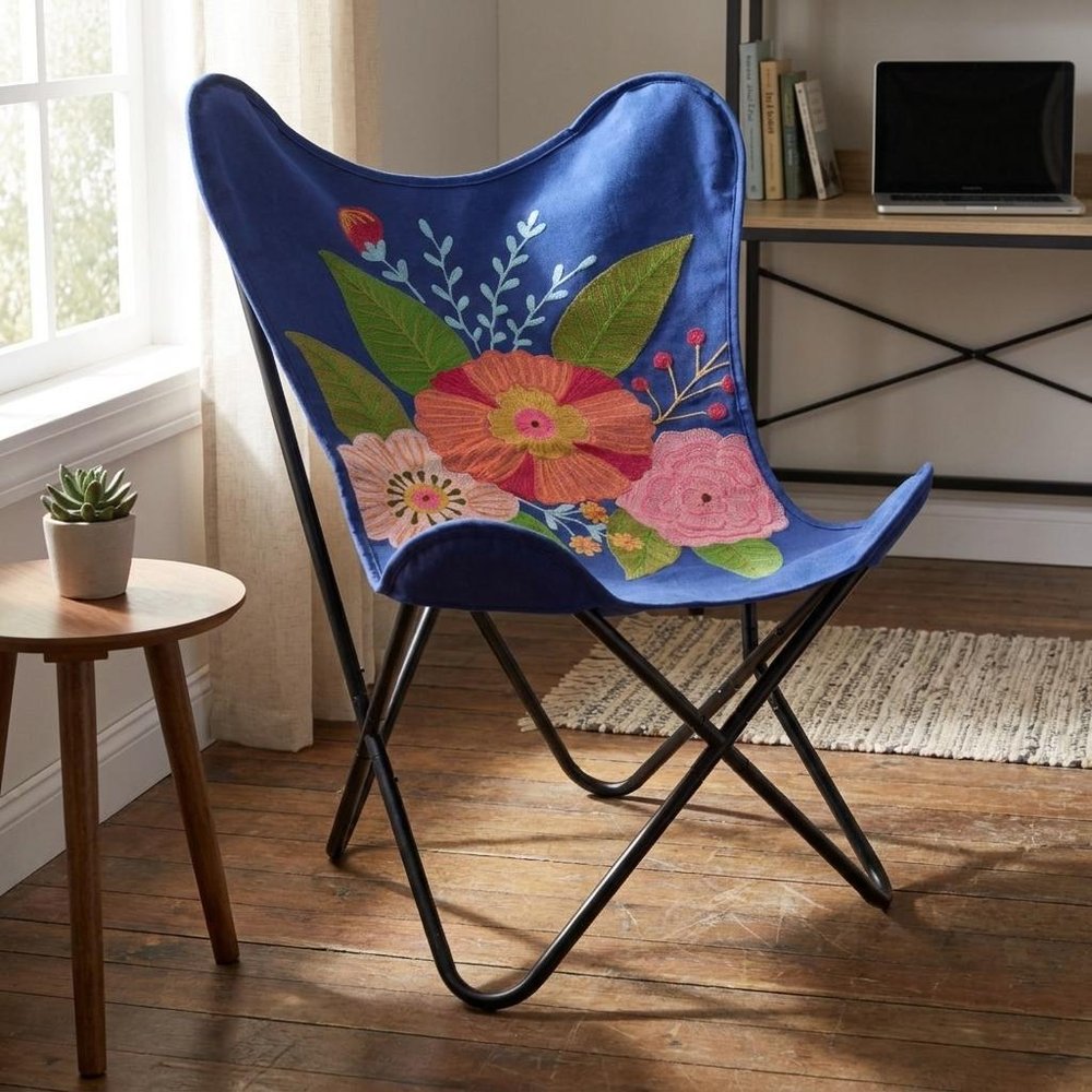 26" Blue And Black Tropical Butterfly Chair HomeRoots