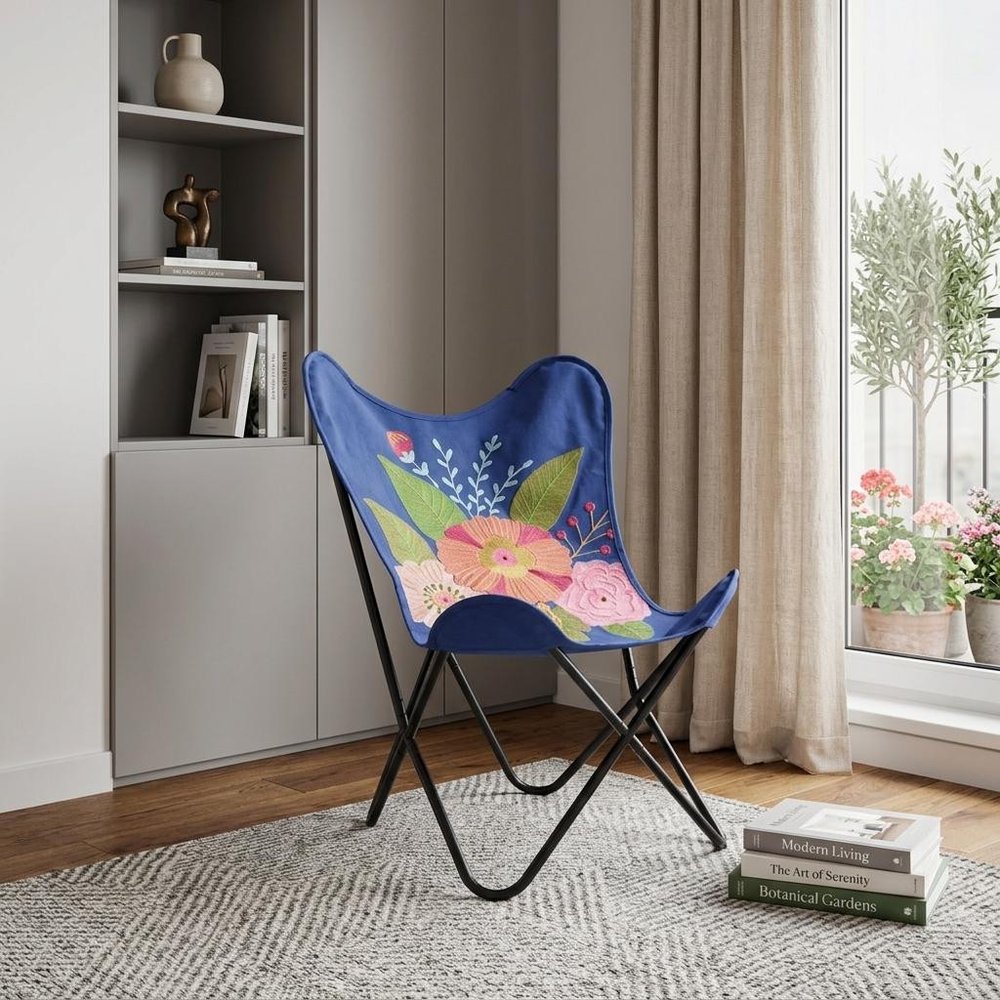 26" Blue And Black Tropical Butterfly Chair HomeRoots