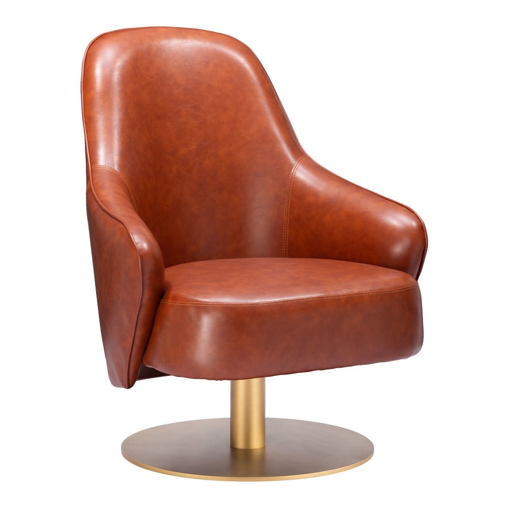28" Brown And Gold Faux Leather And Faux Leather Swivel Arm Chair HomeRoots