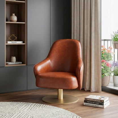 28" Brown And Gold Faux Leather And Faux Leather Swivel Arm Chair HomeRoots