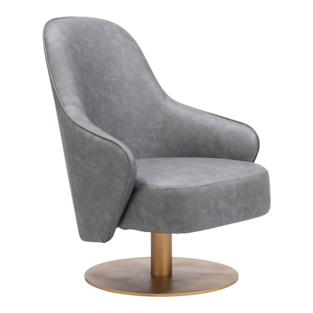 28" Gray And Gold Faux Leather And Faux Leather Swivel Arm Chair HomeRoots