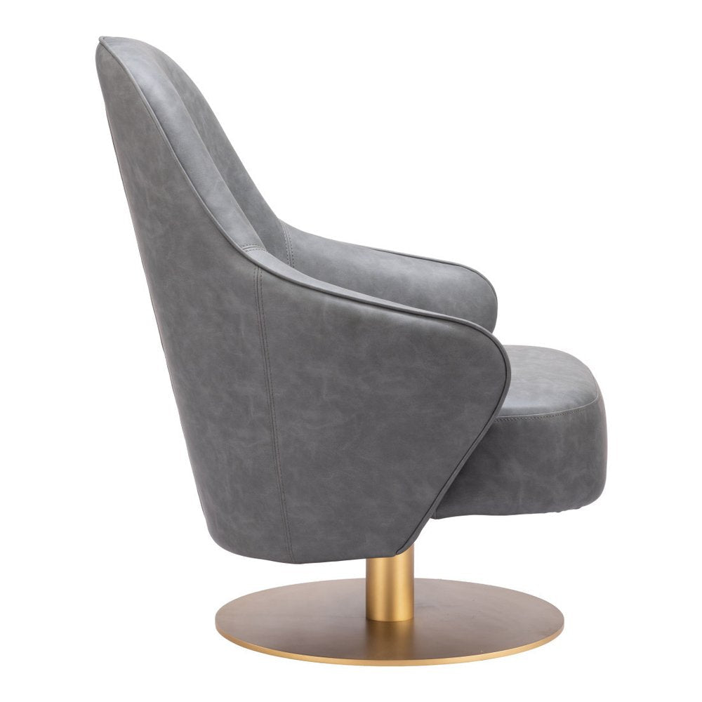 28" Gray And Gold Faux Leather And Faux Leather Swivel Arm Chair HomeRoots