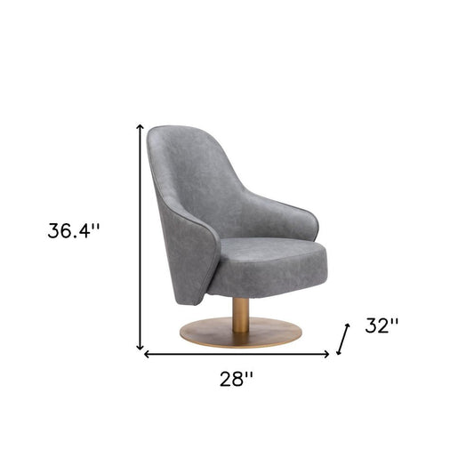 28" Gray And Gold Faux Leather And Faux Leather Swivel Arm Chair HomeRoots