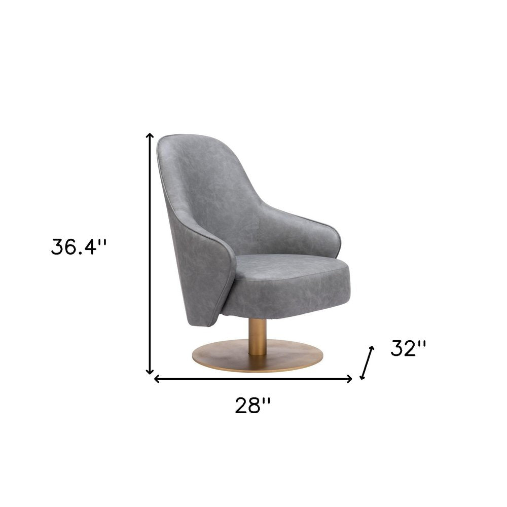 28" Gray And Gold Faux Leather And Faux Leather Swivel Arm Chair HomeRoots
