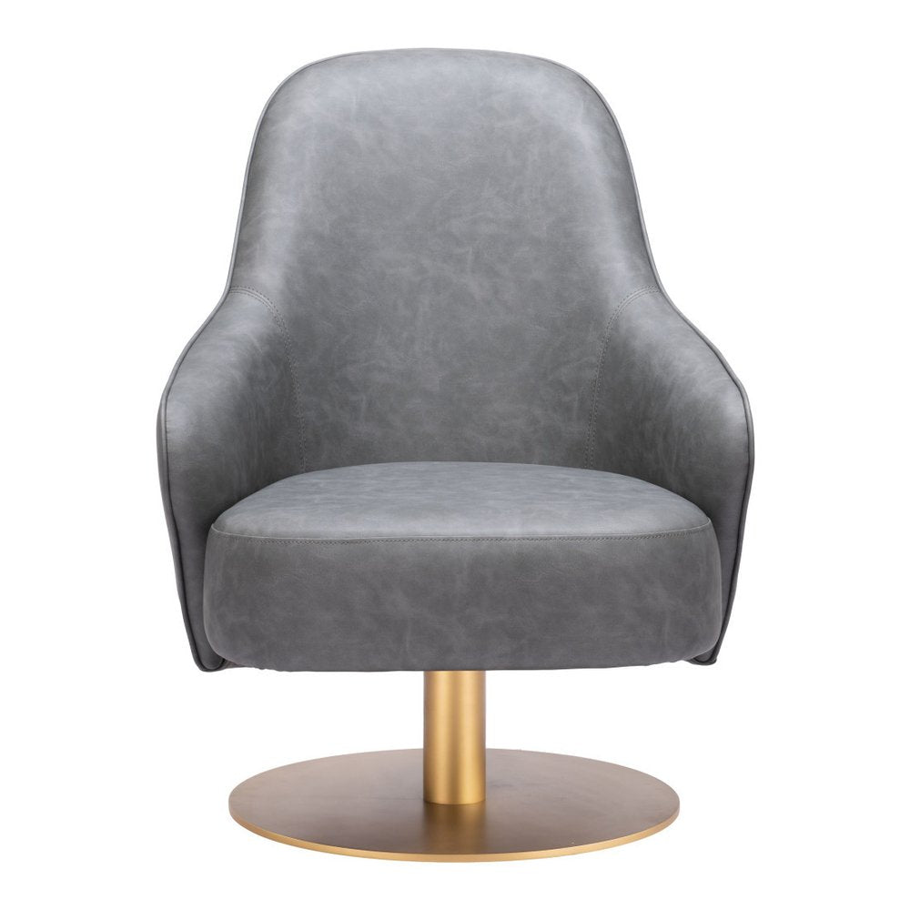 28" Gray And Gold Faux Leather And Faux Leather Swivel Arm Chair HomeRoots