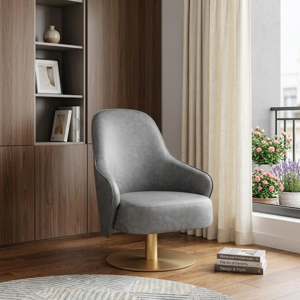 28" Gray And Gold Faux Leather And Faux Leather Swivel Arm Chair HomeRoots