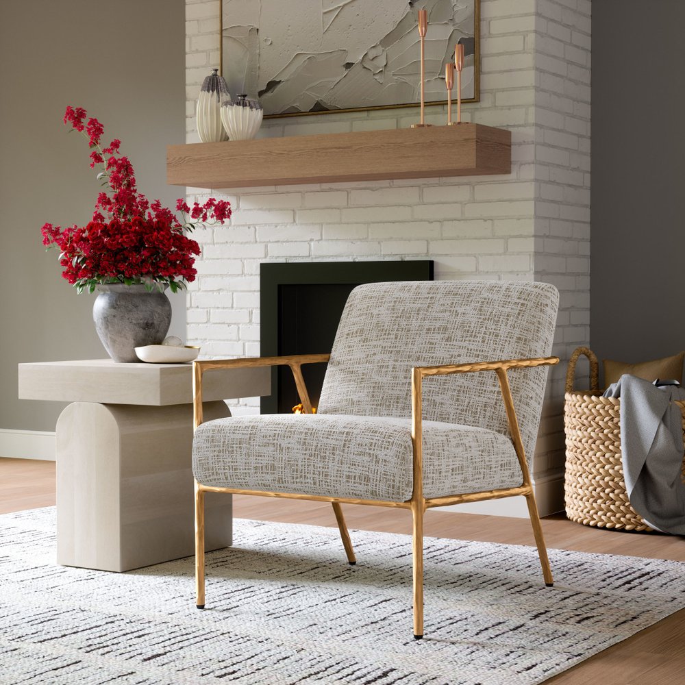 25" Beige And Gold Upholstered Arm Chair HomeRoots