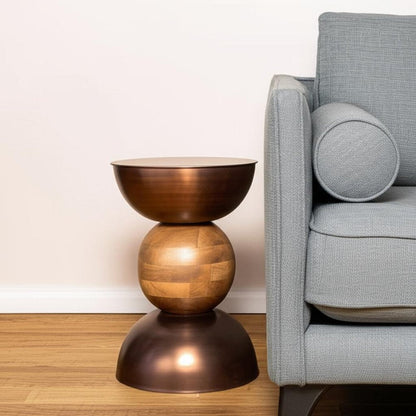 20" Bronze and Brown Iron and Solid Wood Round Pedestal End Table HomeRoots