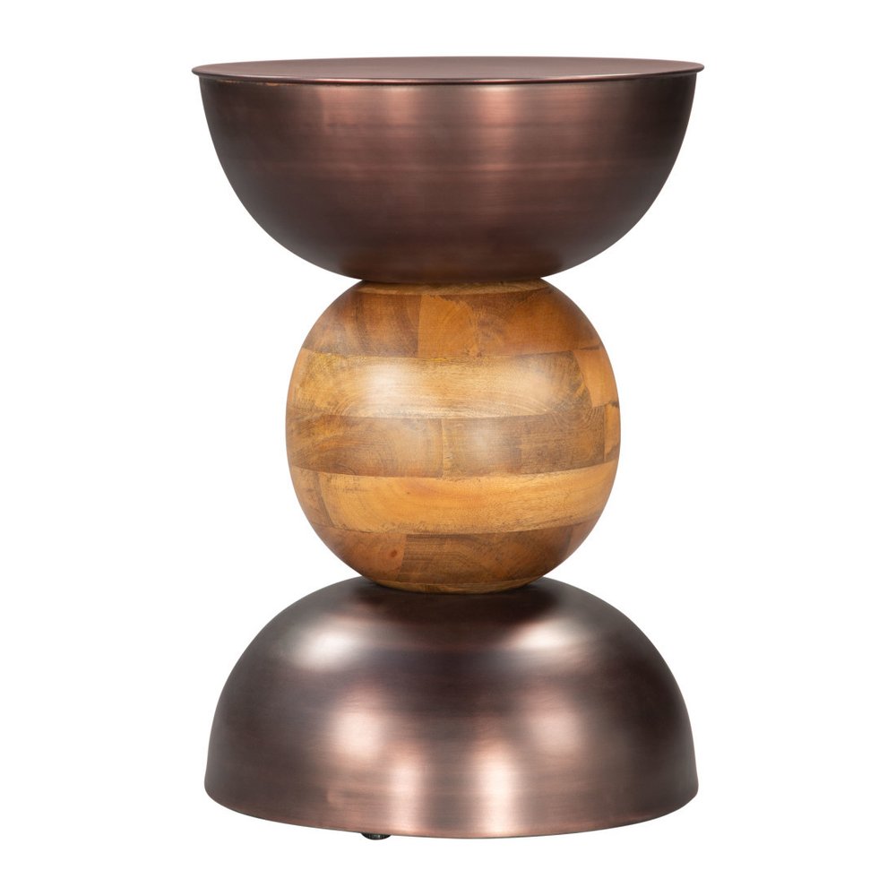 20" Bronze and Brown Iron and Solid Wood Round Pedestal End Table HomeRoots