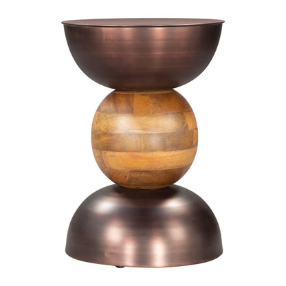 20" Bronze and Brown Iron and Solid Wood Round Pedestal End Table HomeRoots