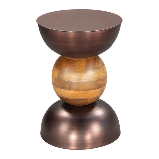 20" Bronze and Brown Iron and Solid Wood Round Pedestal End Table HomeRoots