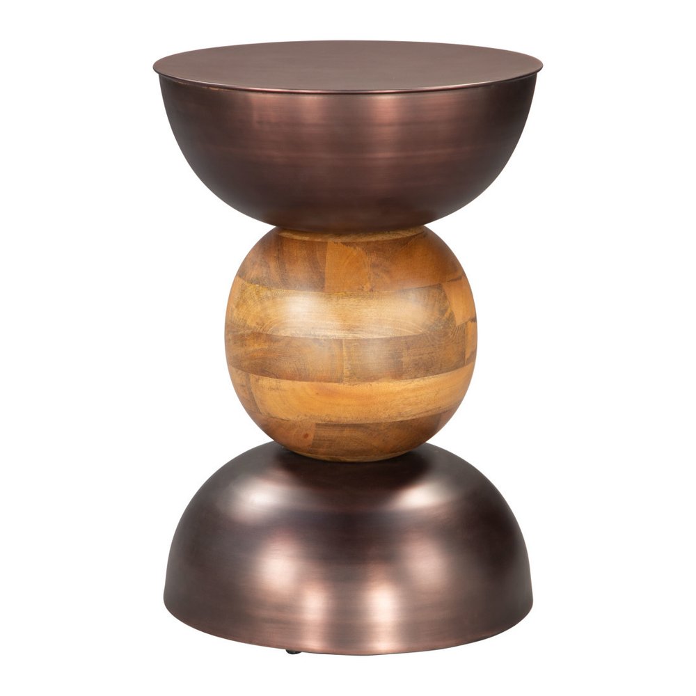 20" Bronze and Brown Iron and Solid Wood Round Pedestal End Table HomeRoots
