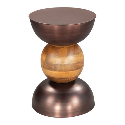 20" Bronze and Brown Iron and Solid Wood Round Pedestal End Table HomeRoots