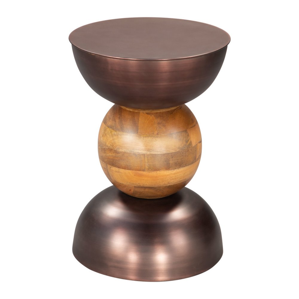 20" Bronze and Brown Iron and Solid Wood Round Pedestal End Table HomeRoots