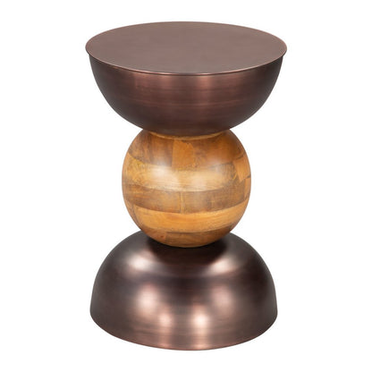 20" Bronze and Brown Iron and Solid Wood Round Pedestal End Table HomeRoots