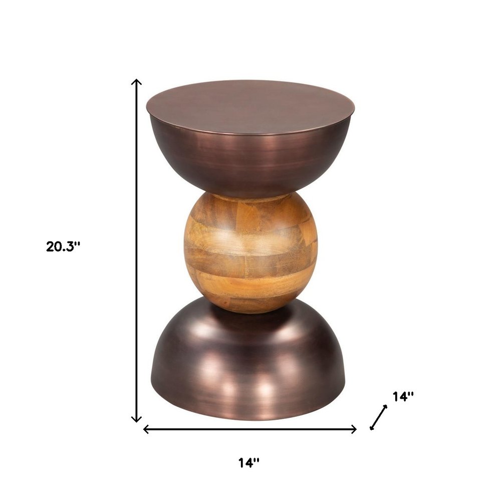 20" Bronze and Brown Iron and Solid Wood Round Pedestal End Table HomeRoots
