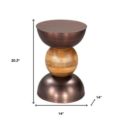 20" Bronze and Brown Iron and Solid Wood Round Pedestal End Table HomeRoots