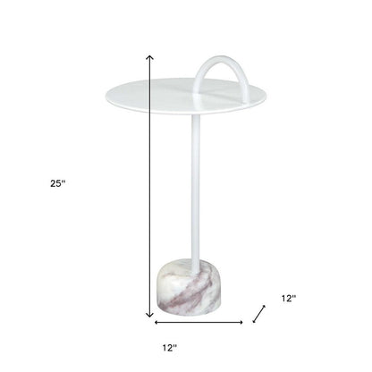 25" White Iron And Marble Round Pedestal End Table HomeRoots