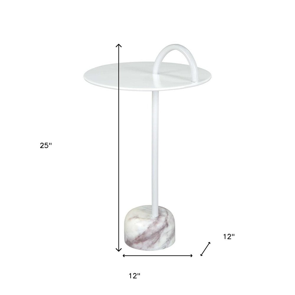 25" White Iron And Marble Round Pedestal End Table HomeRoots