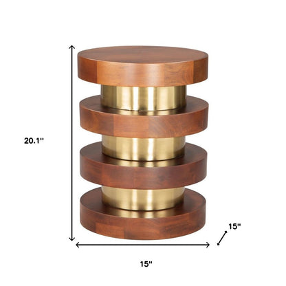 20" Brown and Gold Solid Wood and Iron Round Pedestal End Table HomeRoots