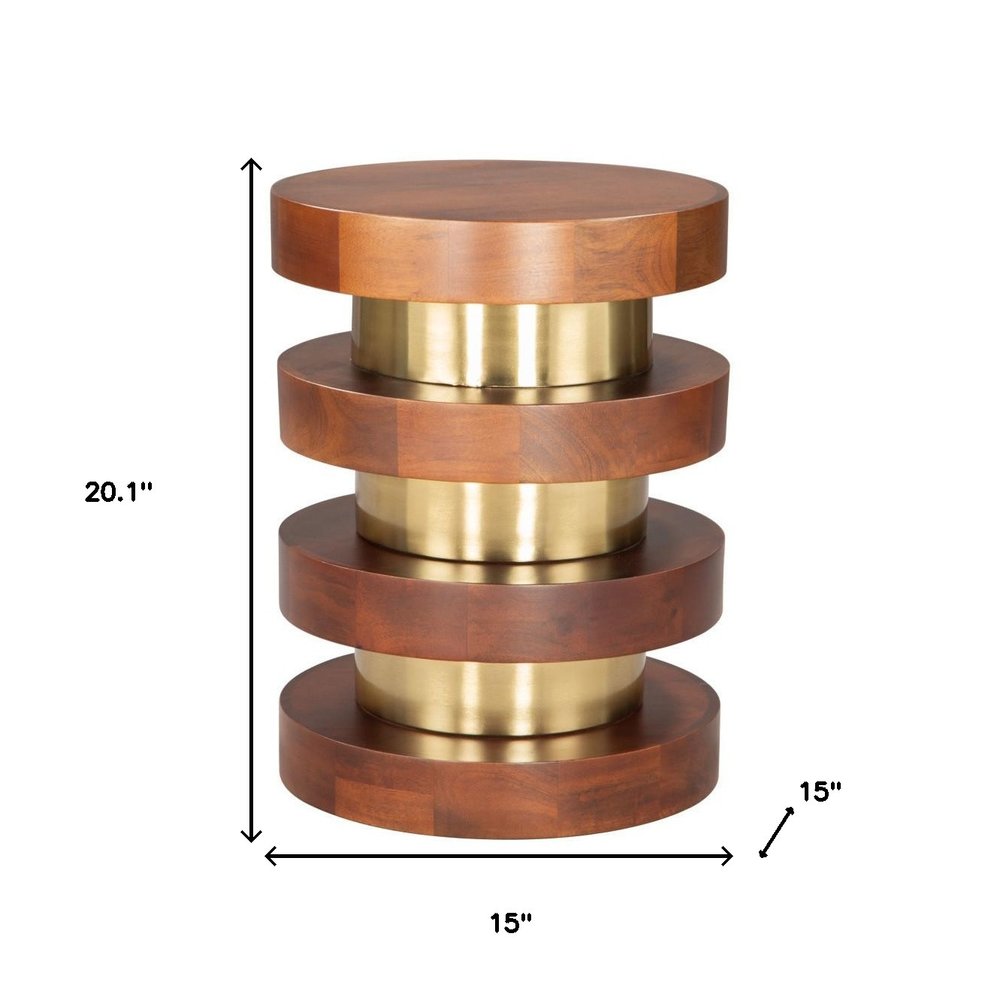 20" Brown and Gold Solid Wood and Iron Round Pedestal End Table HomeRoots
