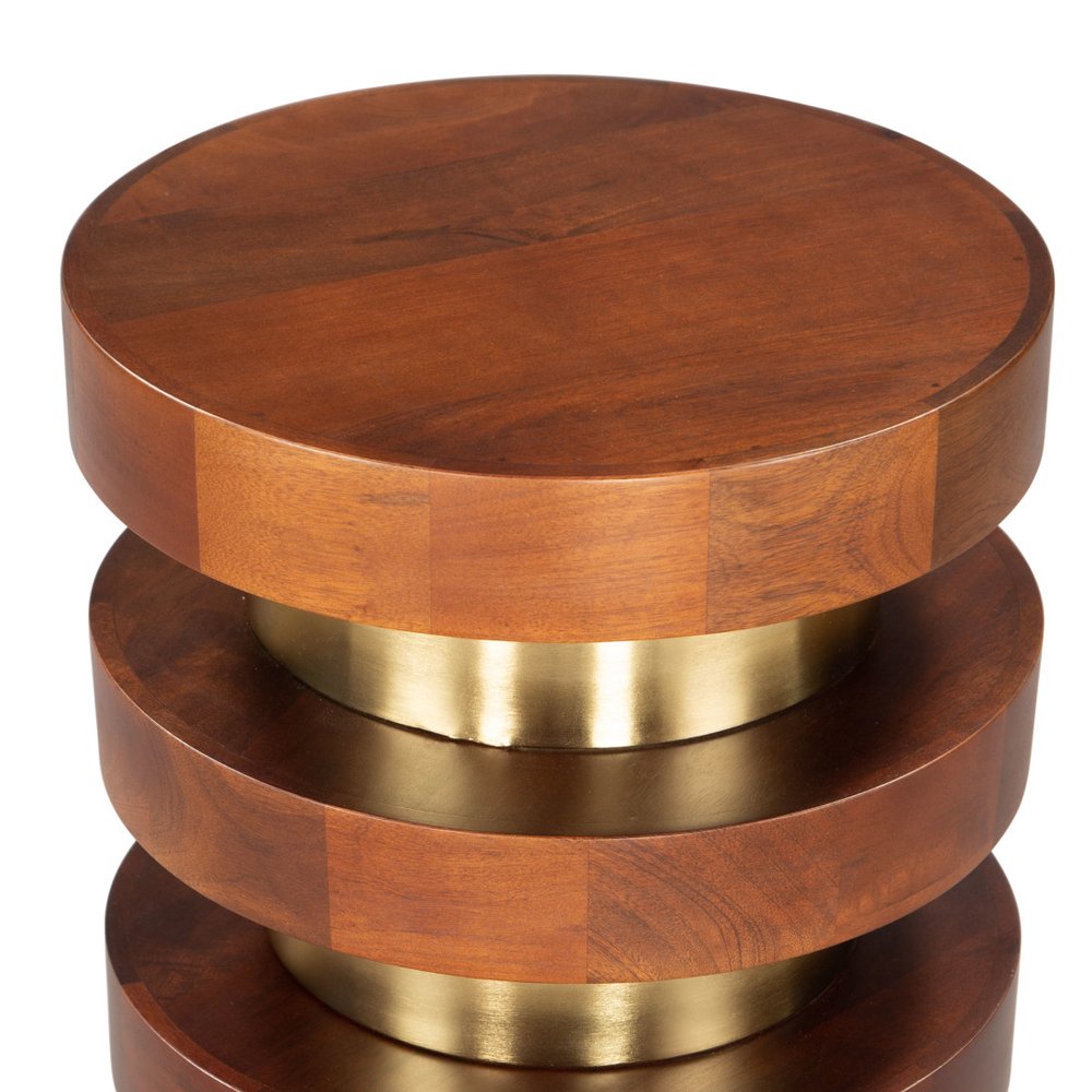 20" Brown and Gold Solid Wood and Iron Round Pedestal End Table HomeRoots