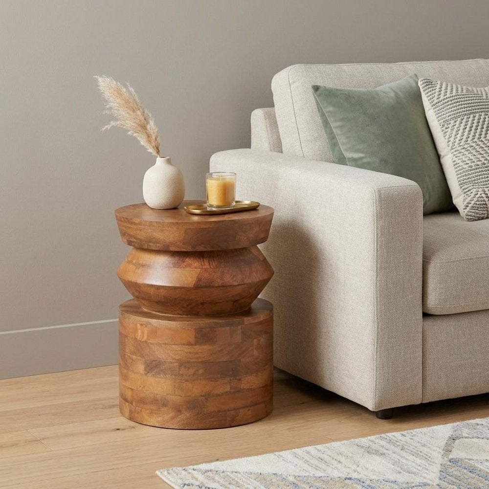 19" Brown Solid Wood Round Drum End Table — view 1