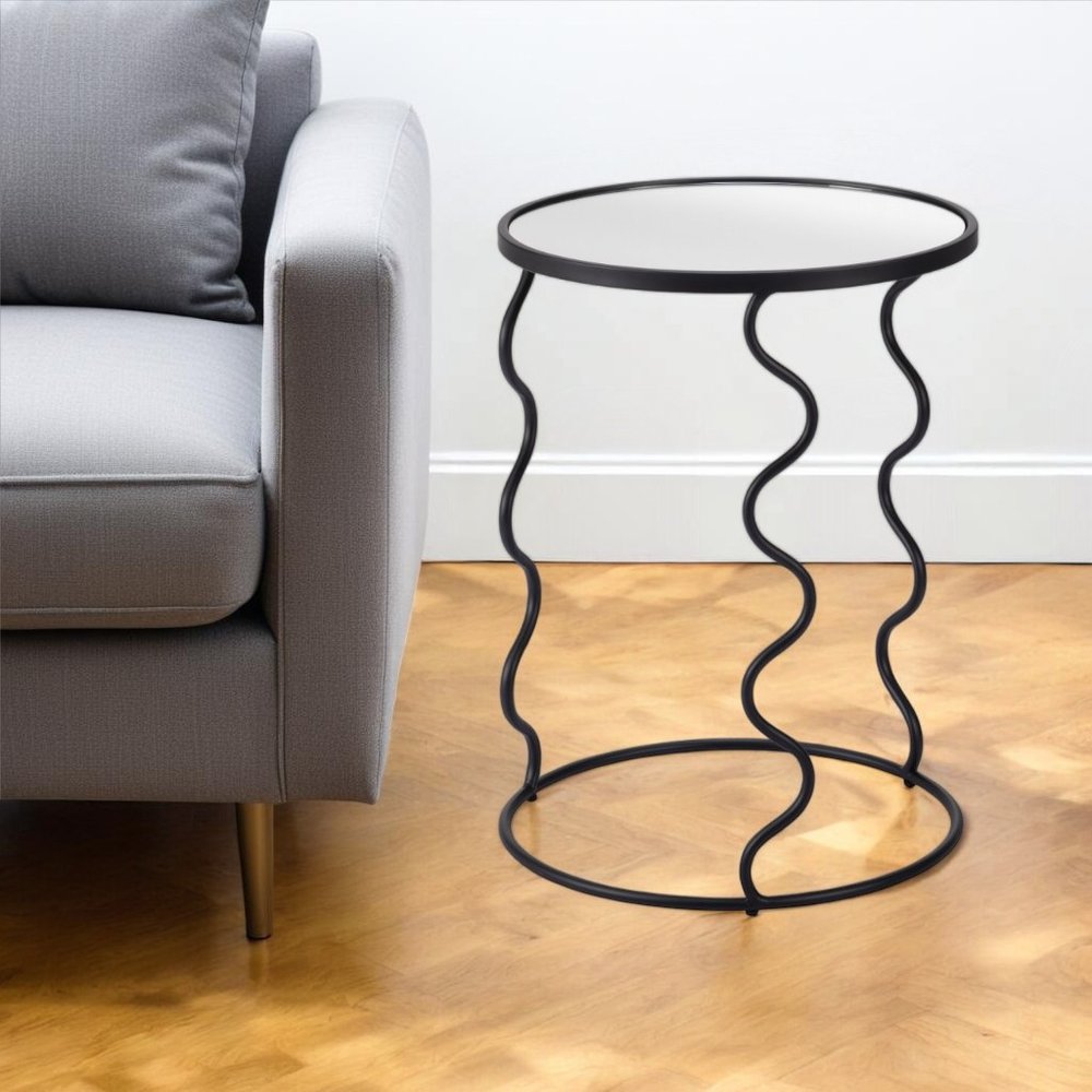 24" Black Mirrored Glass and Steel Round Abstract End Table HomeRoots