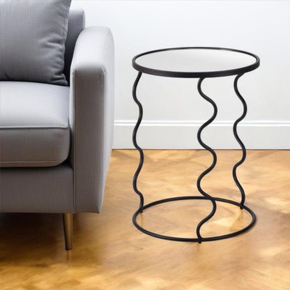 24" Black Mirrored Glass and Steel Round Abstract End Table HomeRoots