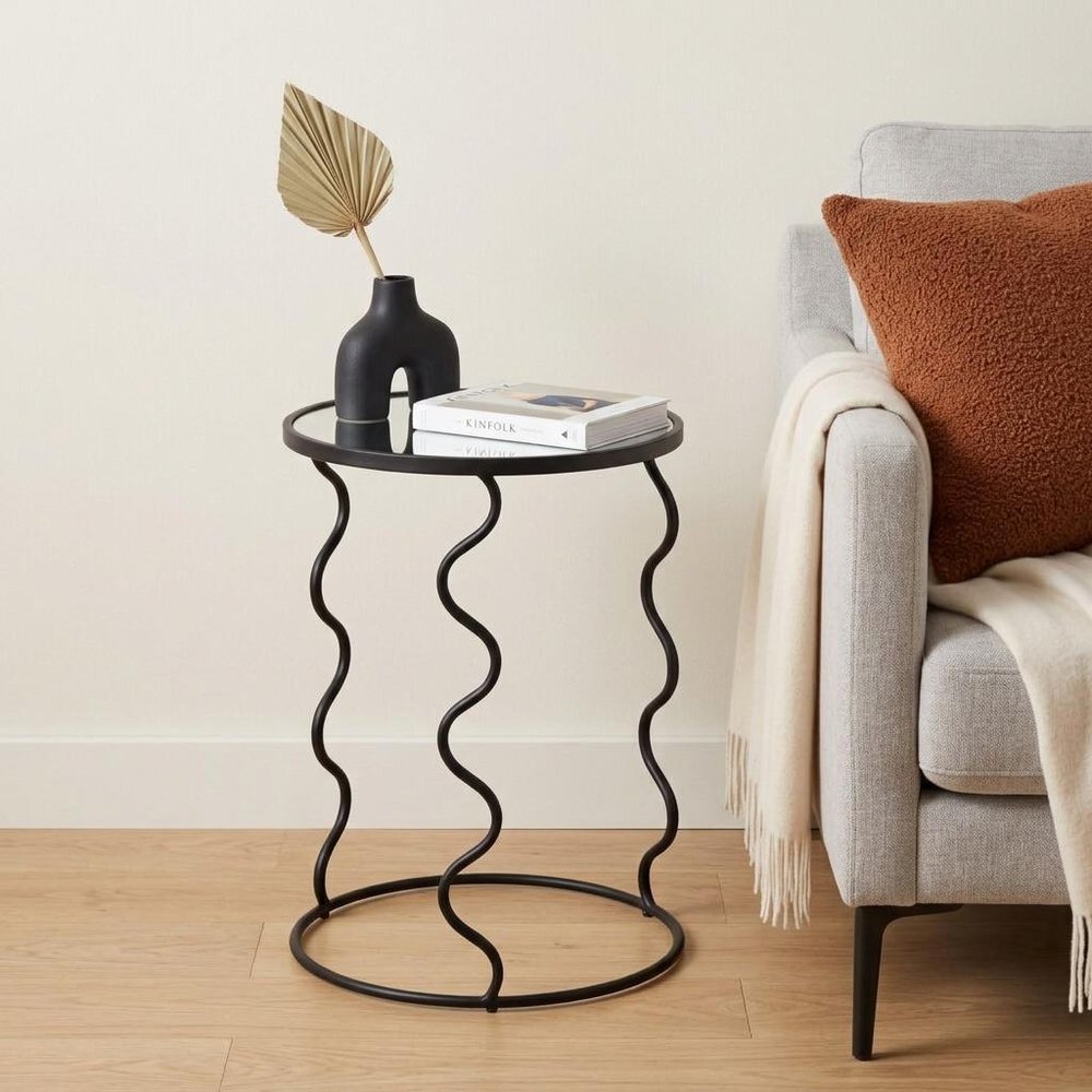 24" Black Mirrored Glass and Steel Round Abstract End Table HomeRoots