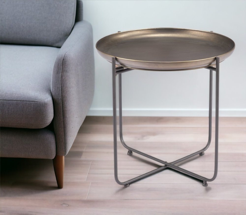 21" Bronze and Gray Steel Round Cross Legs End Table HomeRoots