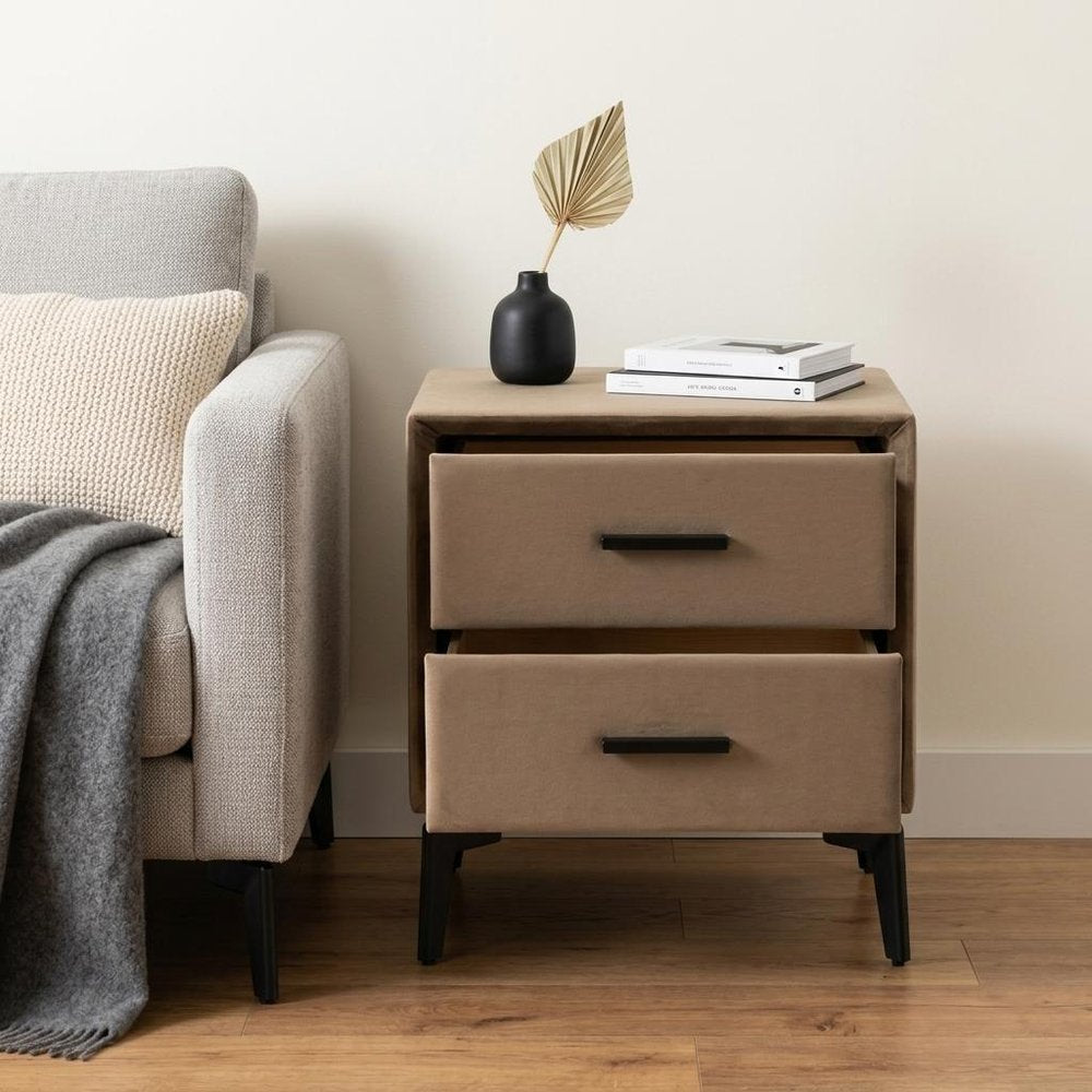 20" Brown and Black Velvet Wood and Steel End Table With Two Drawers HomeRoots