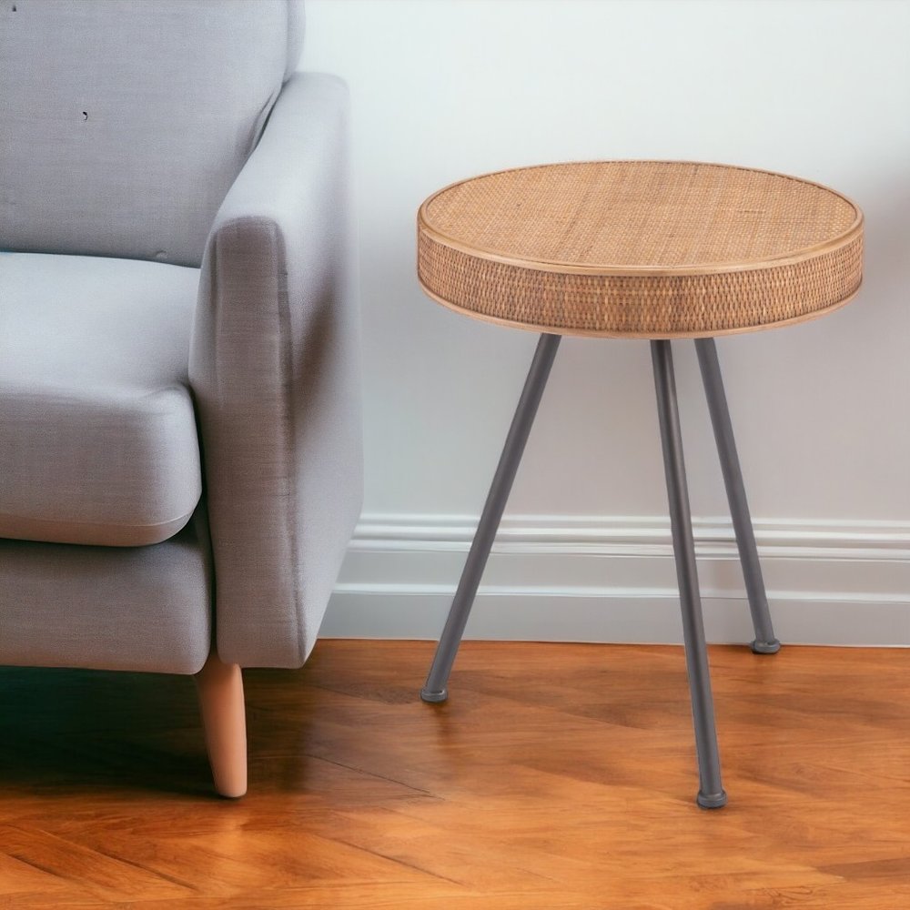 23" Natural and Gray Rattan and Steel Round End Table HomeRoots
