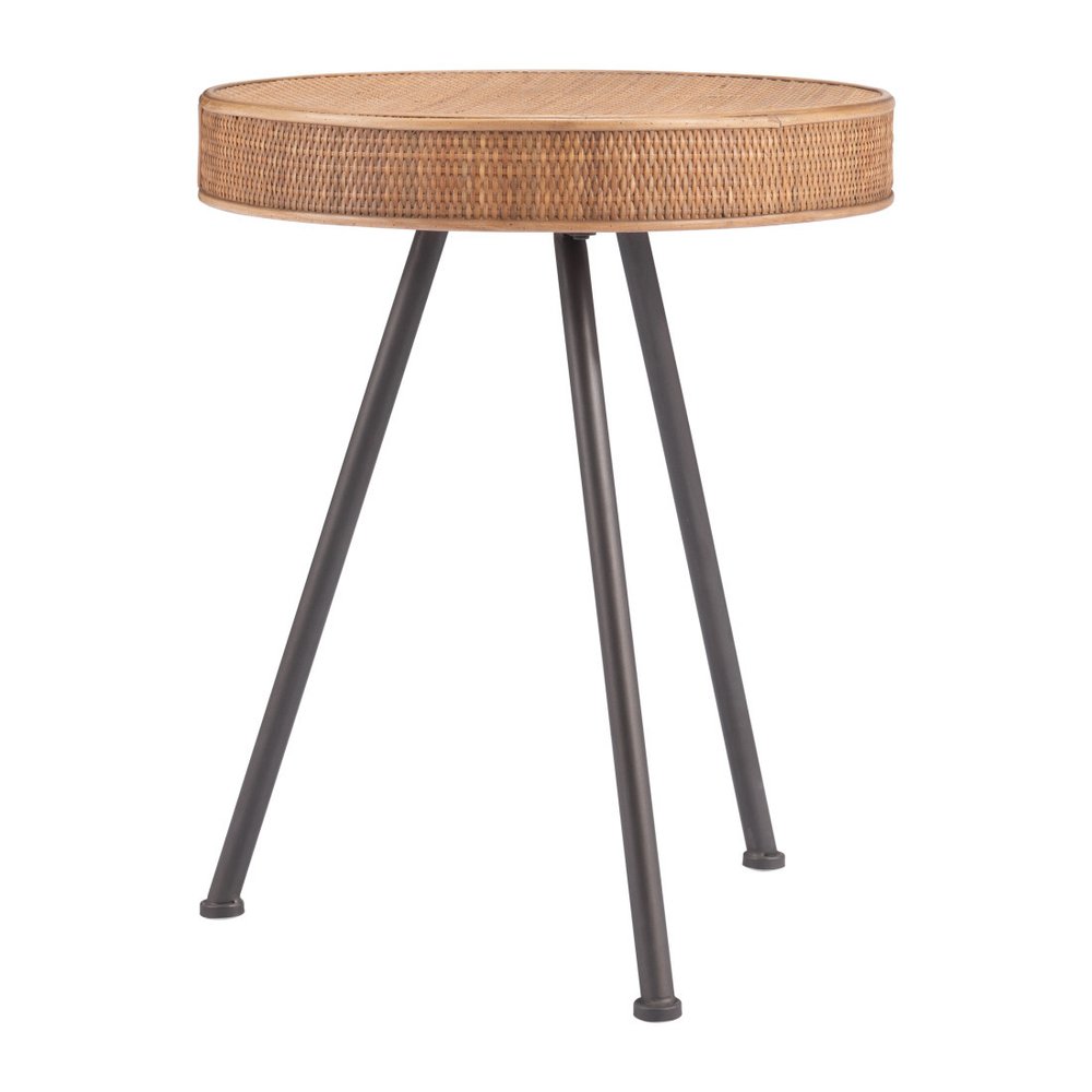 23" Natural and Gray Rattan and Steel Round End Table HomeRoots