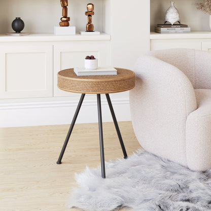 23" Natural and Gray Rattan and Steel Round End Table HomeRoots