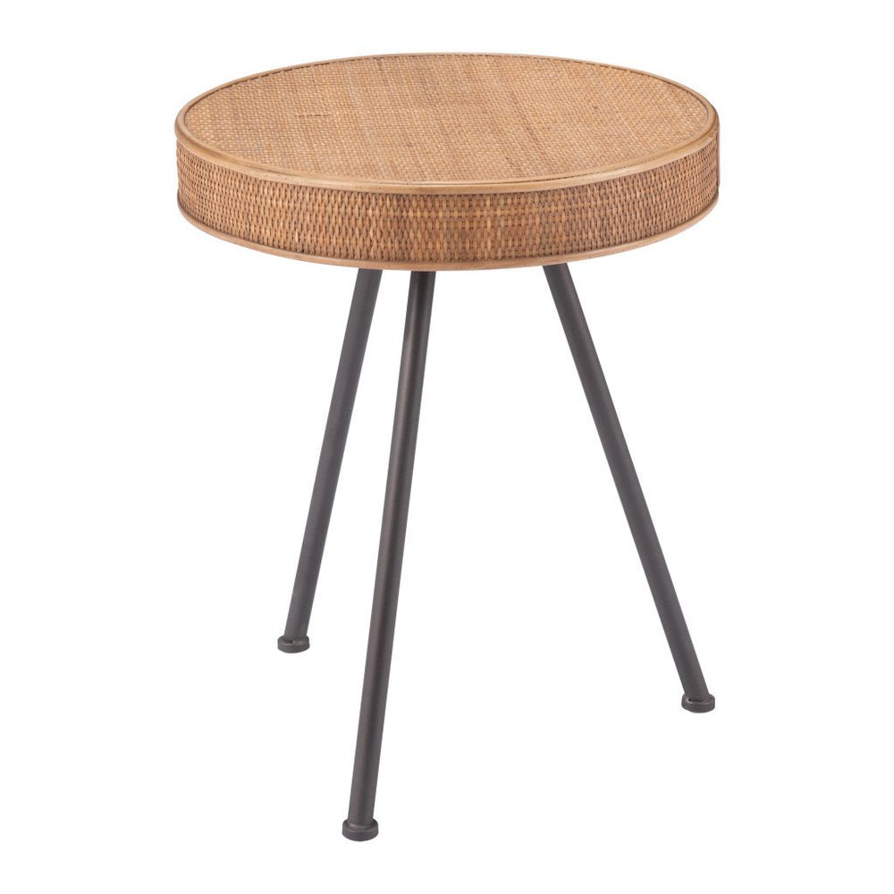23" Natural and Gray Rattan and Steel Round End Table HomeRoots