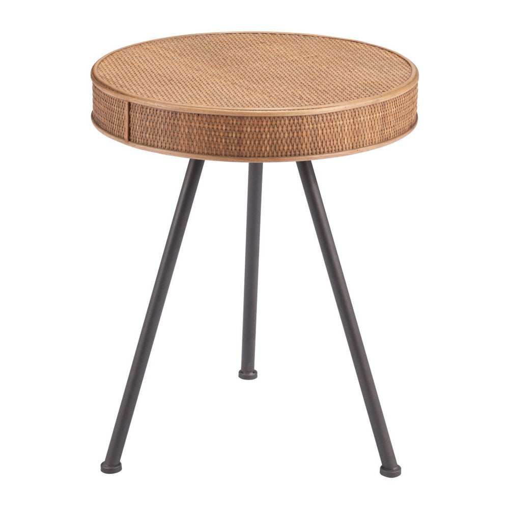 23" Natural and Gray Rattan and Steel Round End Table HomeRoots