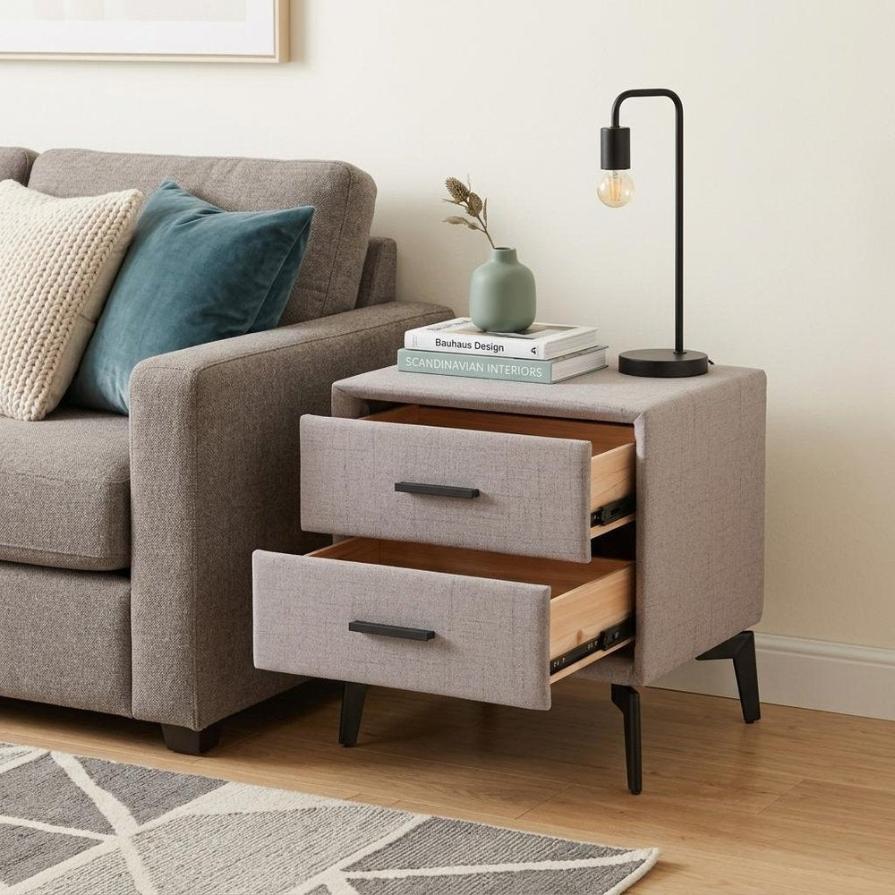 20" Gray and Black Fabric Wood and Steel End Table With Two Drawers HomeRoots