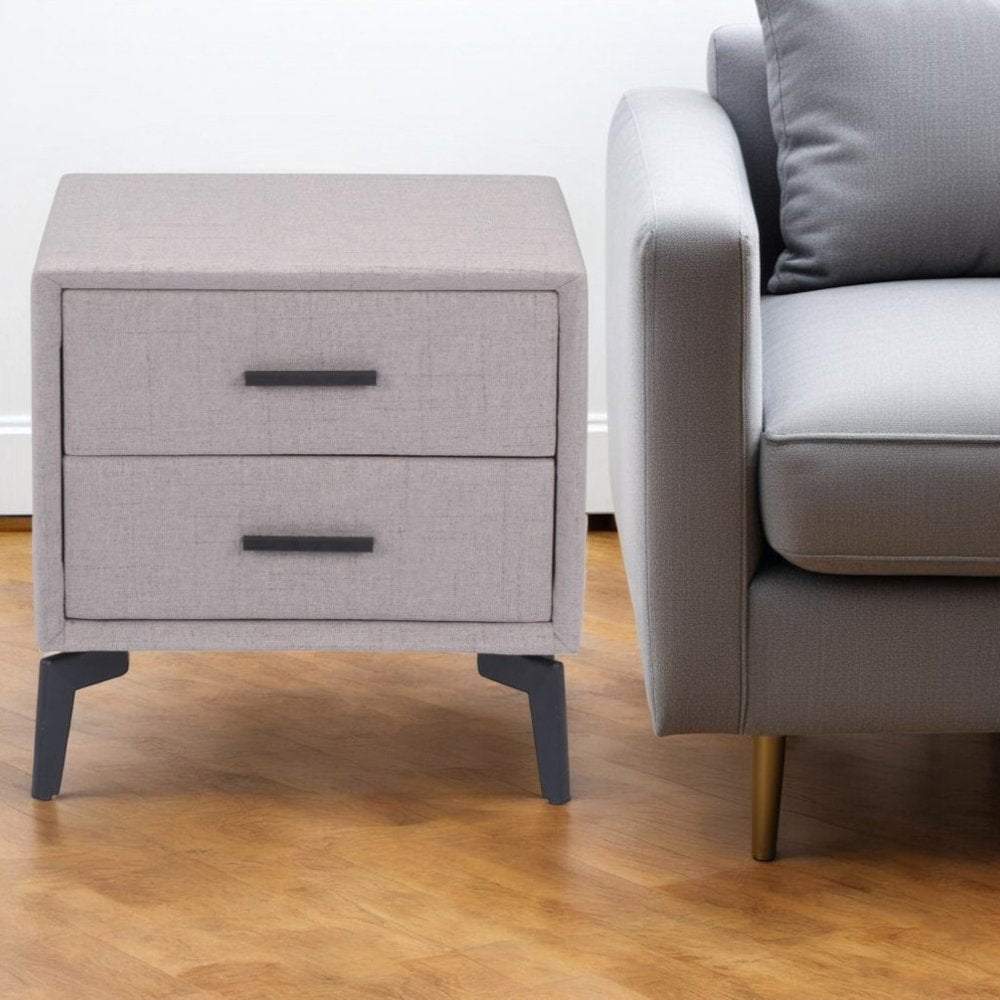 20" Gray and Black Fabric Wood and Steel End Table With Two Drawers HomeRoots