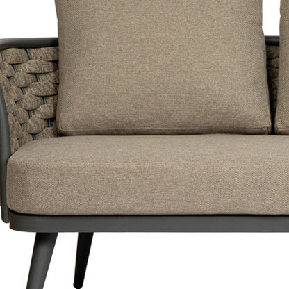 56" Dark Gray Aluminum Outdoor Love Seat with Taupe Cushions HomeRoots
