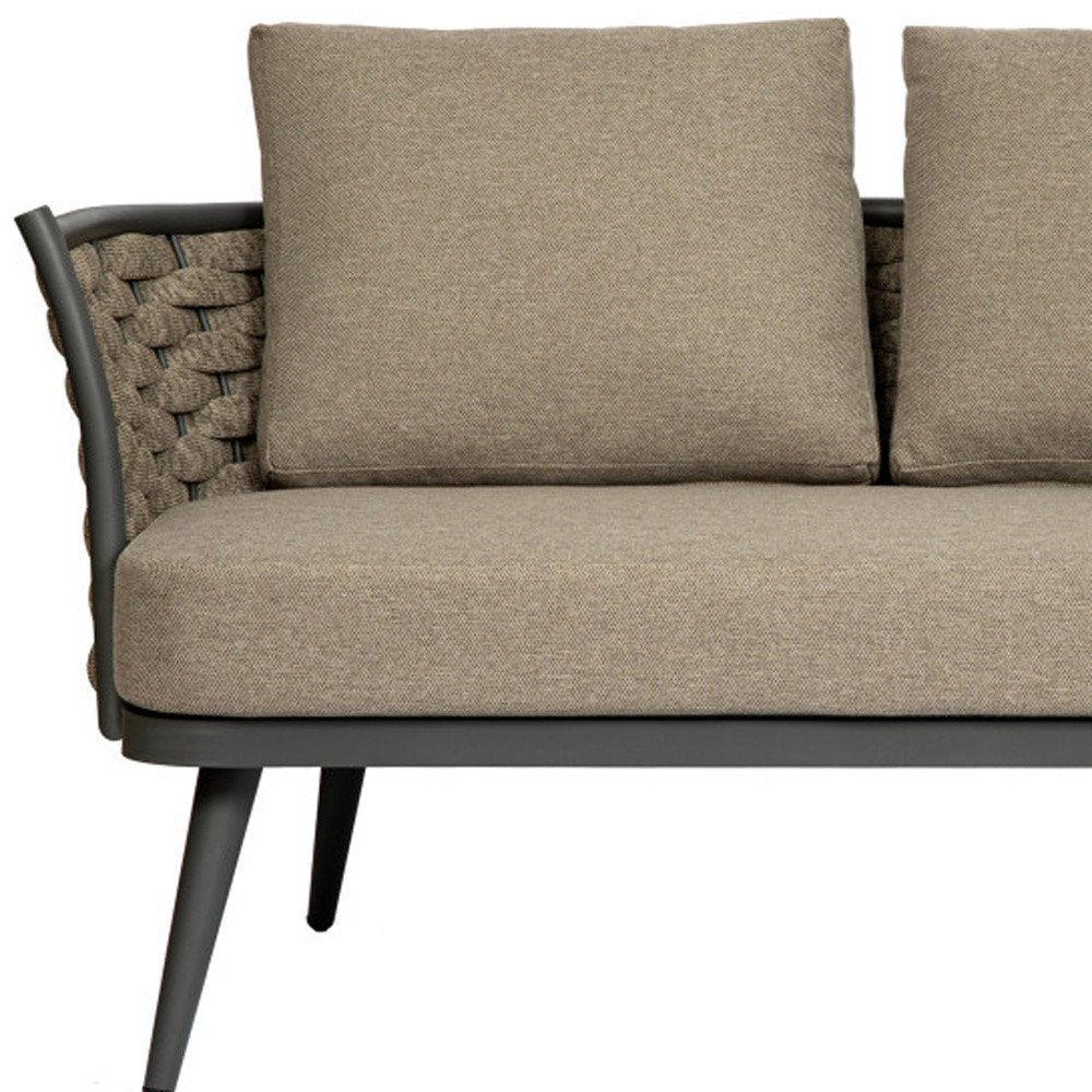 56" Dark Gray Aluminum Outdoor Love Seat with Taupe Cushions HomeRoots