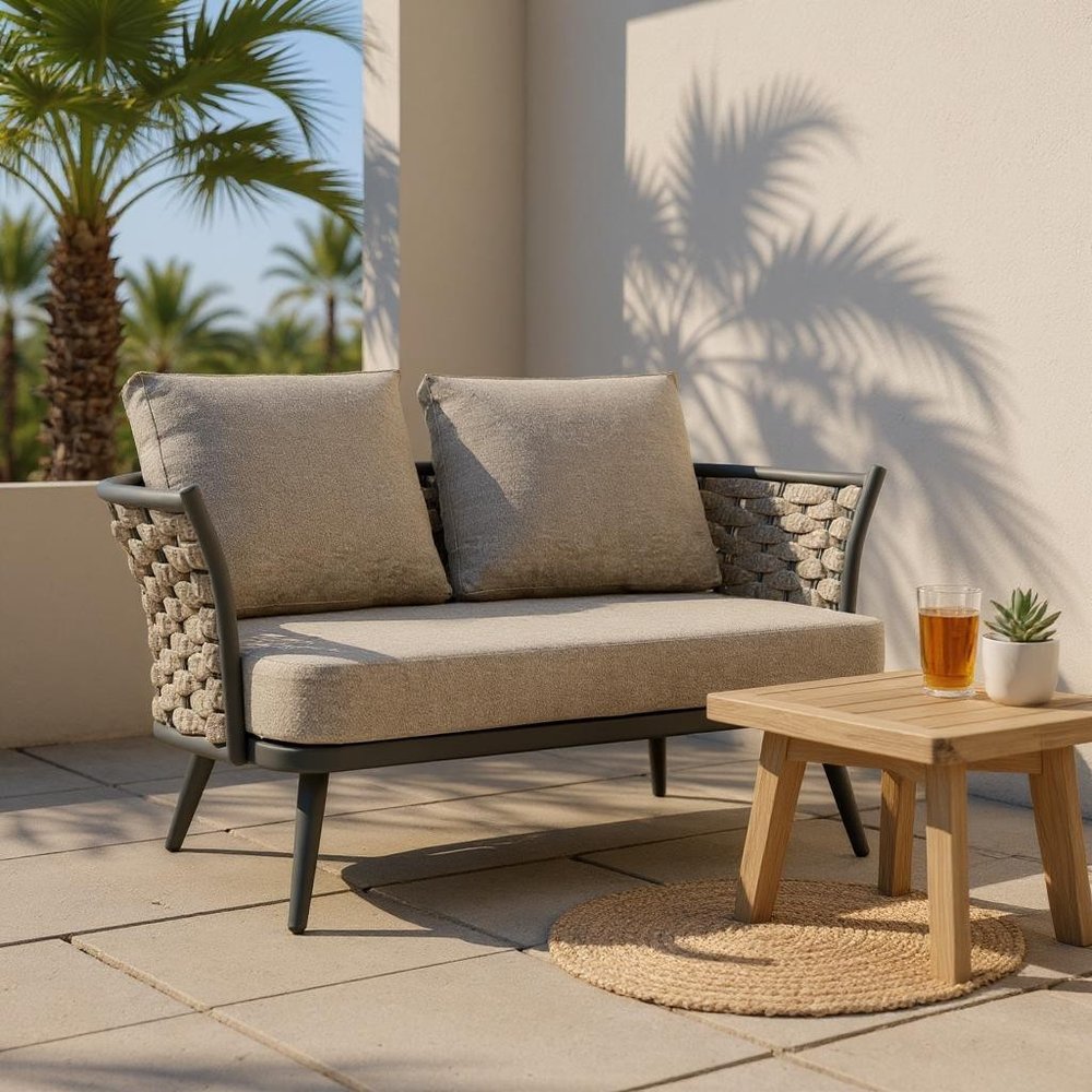 56" Dark Gray Aluminum Outdoor Love Seat with Taupe Cushions HomeRoots