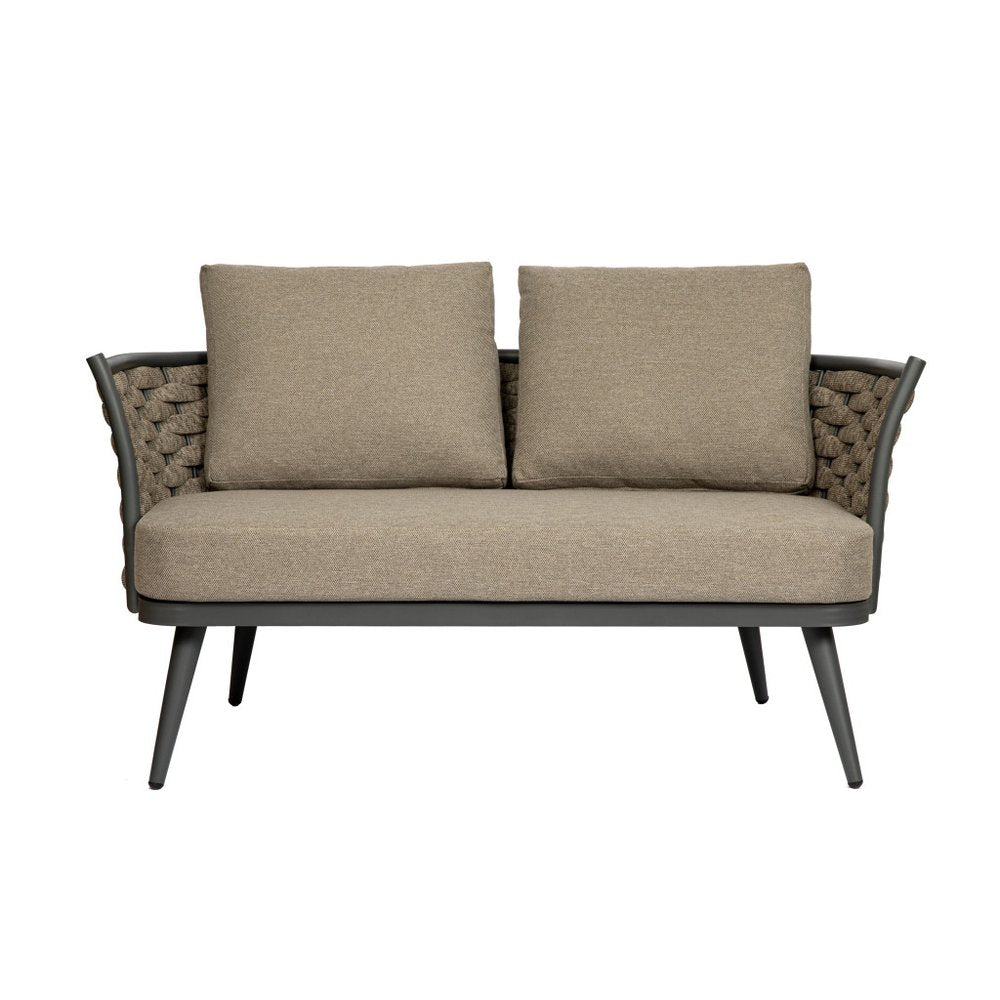 56" Dark Gray Aluminum Outdoor Love Seat with Taupe Cushions HomeRoots