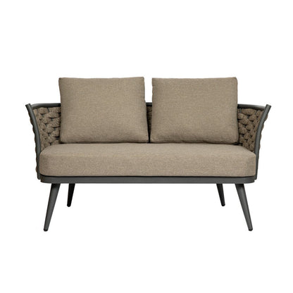 56" Dark Gray Aluminum Outdoor Love Seat with Taupe Cushions HomeRoots