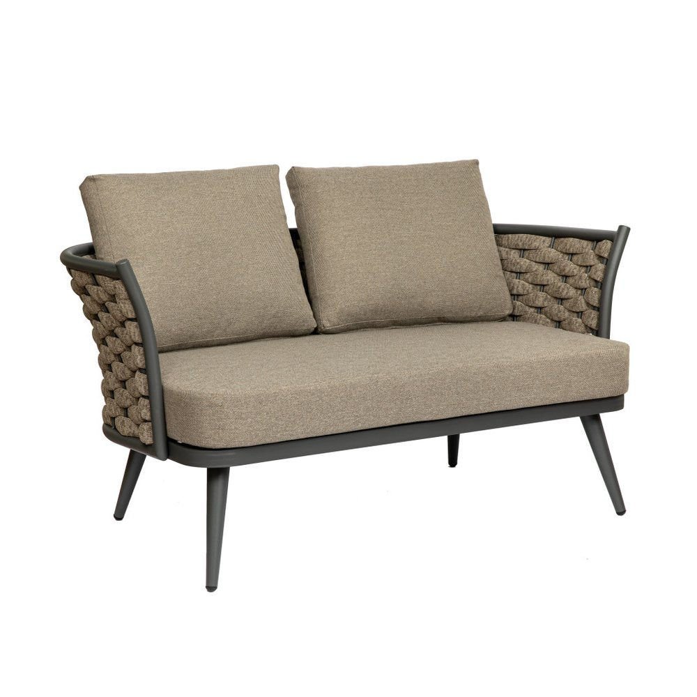 56" Dark Gray Aluminum Outdoor Love Seat with Taupe Cushions HomeRoots