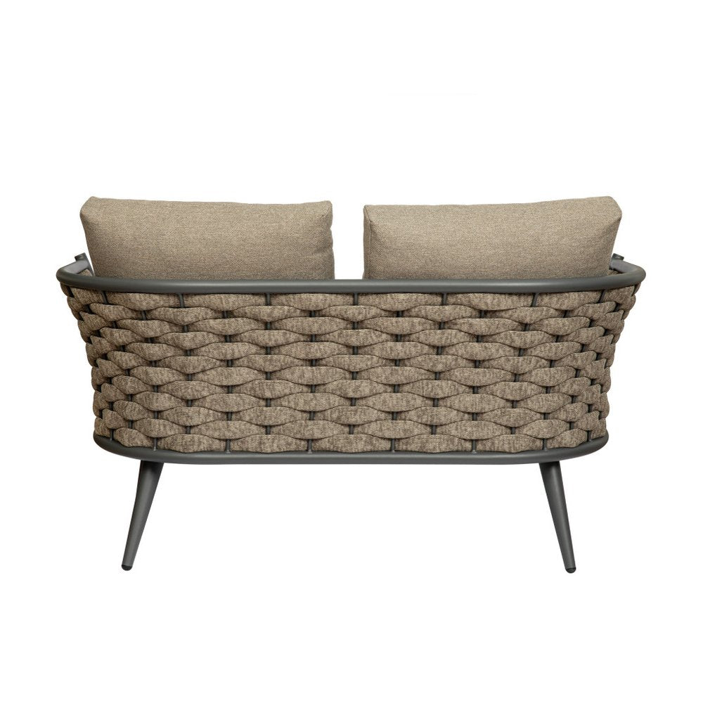 56" Dark Gray Aluminum Outdoor Love Seat with Taupe Cushions HomeRoots