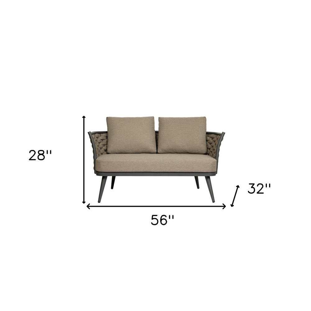 56" Dark Gray Aluminum Outdoor Love Seat with Taupe Cushions HomeRoots