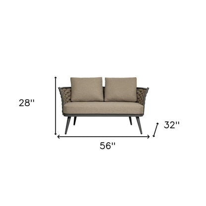 56" Dark Gray Aluminum Outdoor Love Seat with Taupe Cushions HomeRoots